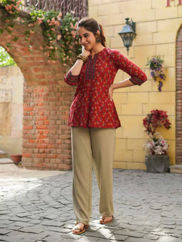 Women Maroon Ethnic Motifs Floral Printed Short Kurti
